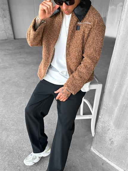 Erkek Oversize Yakalı Fermuarlı Peluş Mont Kahverengi