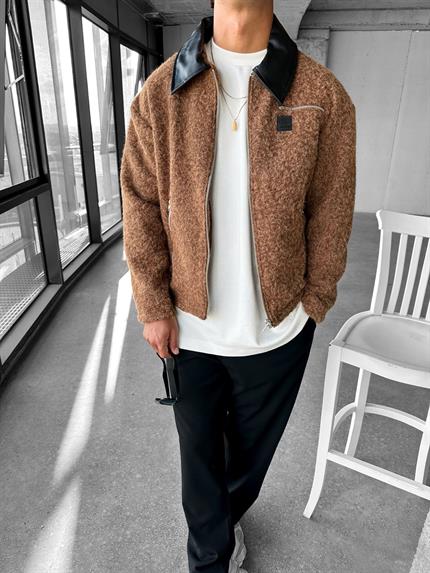Erkek Oversize Yakalı Fermuarlı Peluş Mont Kahverengi
