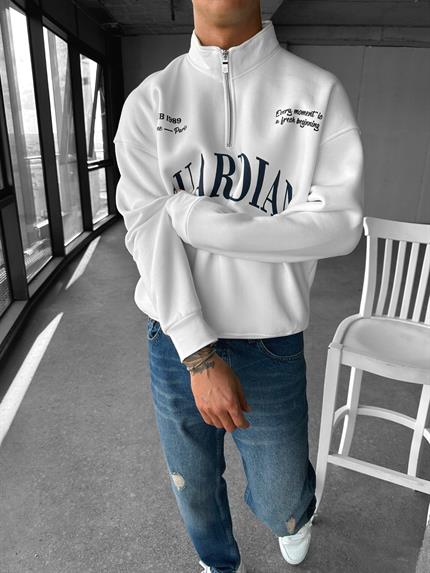 Erkek Oversize Yarım Fermuarlı Dik Yakalı Baskılı Sweatshirt Ekru