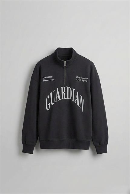 Erkek Oversize Yarım Fermuarlı Dik Yakalı Baskılı Sweatshirt Antrasit