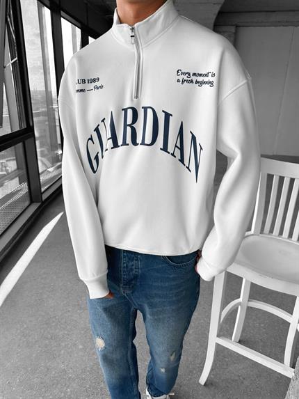 Erkek Oversize Yarım Fermuarlı Dik Yakalı Baskılı Sweatshirt Ekru