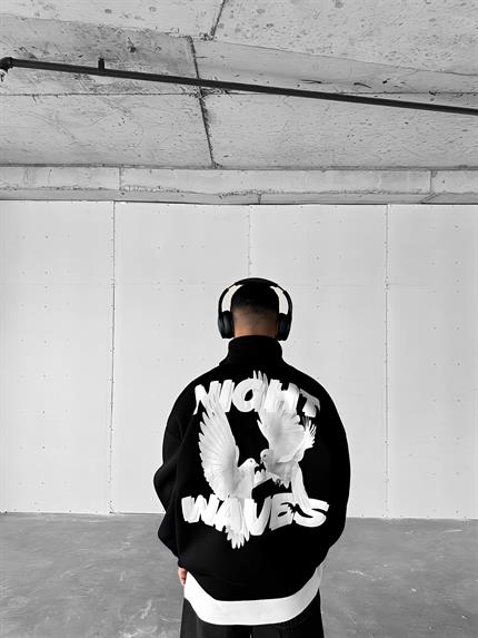 Erkek Oversize Yarım Fermuarlı Dik Yakalı Baskılı Sweatshirt Siyah