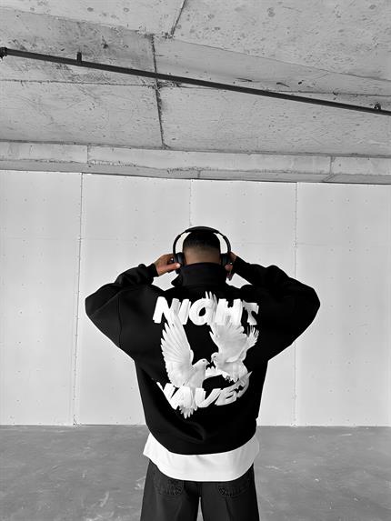 Erkek Oversize Yarım Fermuarlı Dik Yakalı Baskılı Sweatshirt Siyah