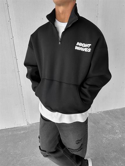 Erkek Oversize Yarım Fermuarlı Dik Yakalı Baskılı Sweatshirt Siyah