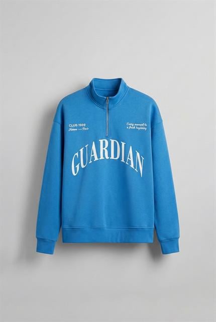 Erkek Oversize Yarım Fermuarlı Dik Yakalı Baskılı Sweatshirt Mavi