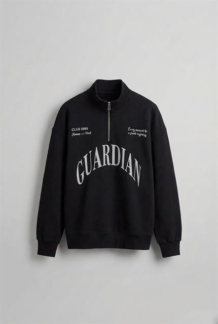 Erkek Oversize Yarım Fermuarlı Dik Yakalı Baskılı Sweatshirt Siyah