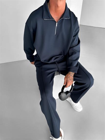 Erkek Oversize Yarım Fermuarlı Esnek Sweatshirt Lacivert