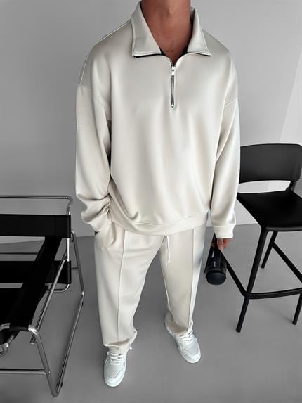 Erkek Oversize Yarım Fermuarlı Esnek Sweatshirt Bej