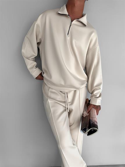 Erkek Oversize Yarım Fermuarlı Esnek Sweatshirt Bej