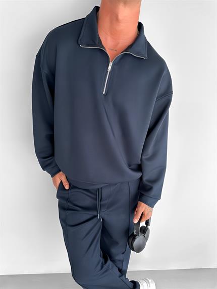 Erkek Oversize Yarım Fermuarlı Esnek Sweatshirt Lacivert