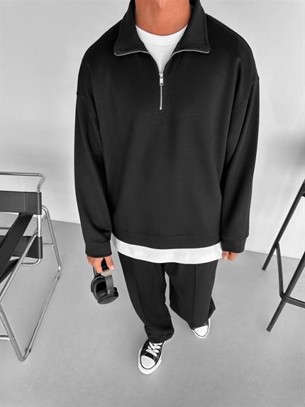 Erkek Oversize Yarım Fermuarlı Esnek Sweatshirt Siyah