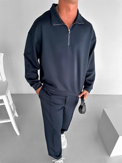 Erkek Oversize Yarım Fermuarlı Esnek Sweatshirt Lacivert
