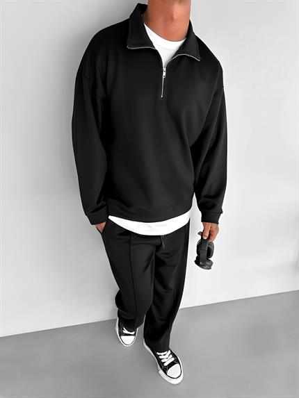 Erkek Oversize Yarım Fermuarlı Esnek Sweatshirt Siyah