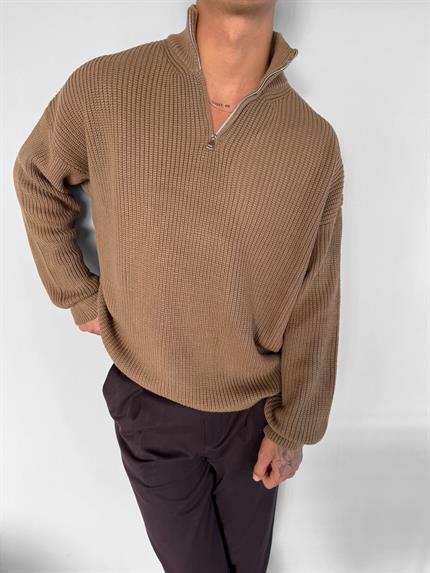 Erkek Oversize Yarım Fermuarlı Kazak Açık Kahve