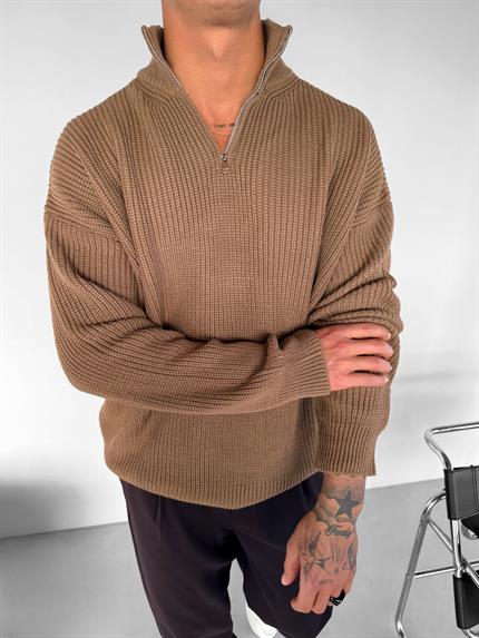Erkek Oversize Yarım Fermuarlı Kazak Açık Kahve