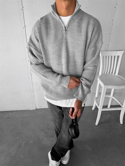 Erkek Oversize Yarım Fermuarlı Kazak Gri