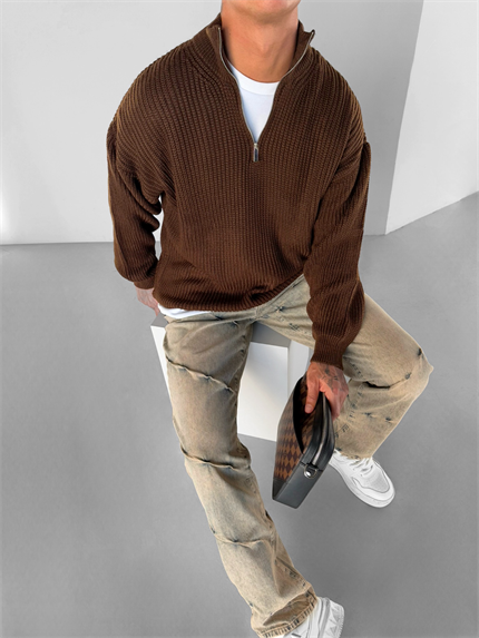 Erkek Oversize Yarım Fermuarlı Kazak Kahve