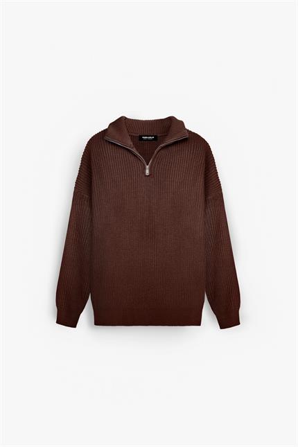 Erkek Oversize Yarım Fermuarlı Kazak Kahve