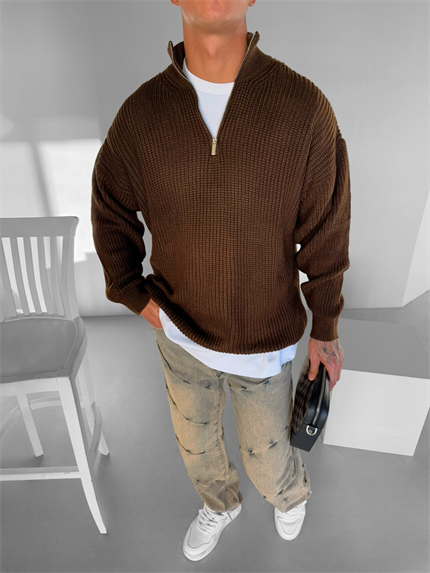 Erkek Oversize Yarım Fermuarlı Kazak Kahve