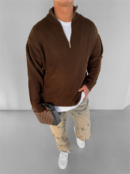 Erkek Oversize Yarım Fermuarlı Kazak Kahve