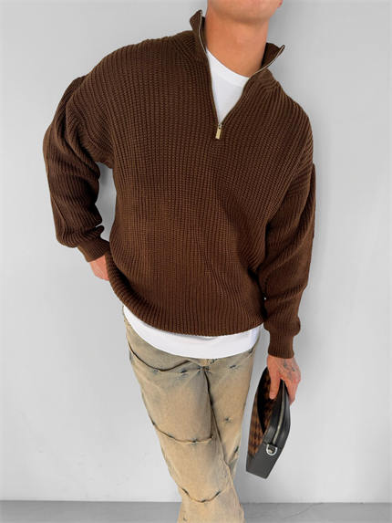 Erkek Oversize Yarım Fermuarlı Kazak Kahve