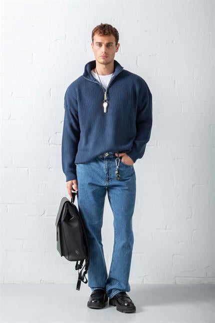 Erkek Oversize Yarım Fermuarlı Kazak Lacivert