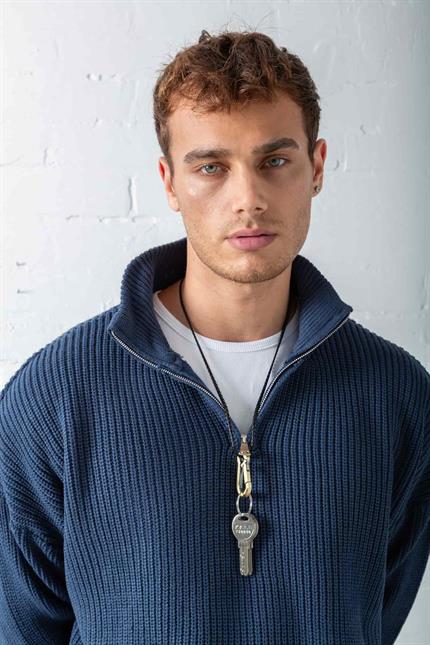 Erkek Oversize Yarım Fermuarlı Kazak Lacivert