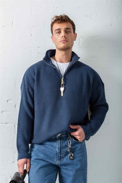 Erkek Oversize Yarım Fermuarlı Kazak Lacivert