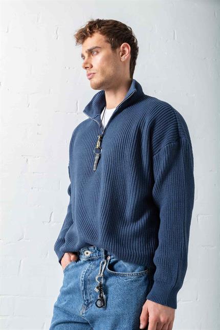 Erkek Oversize Yarım Fermuarlı Kazak Lacivert