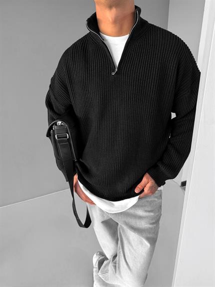 Erkek Oversize Yarım Fermuarlı Kazak Siyah