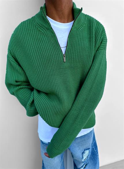 Erkek Oversize Yarım Fermuarlı Kazak Yeşil