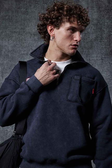 Erkek Oversize Yarım Fermuarlı Sweatshirt Siyah