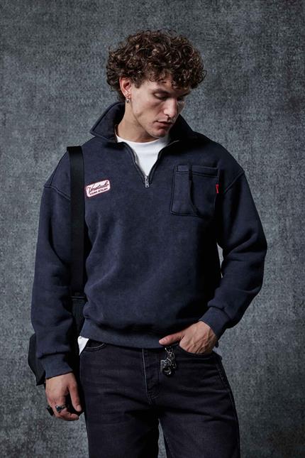 Erkek Oversize Yarım Fermuarlı Sweatshirt Siyah