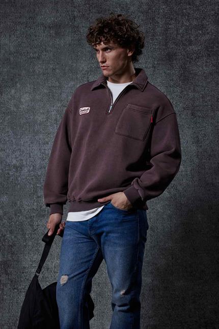 Erkek Oversize Yarım Fermuarlı Sweatshirt Kahverengi