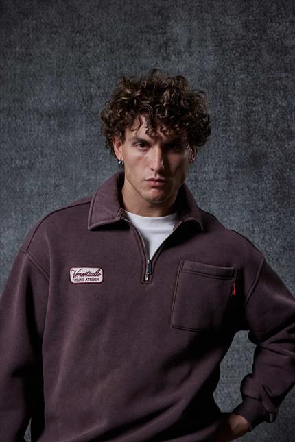 Erkek Oversize Yarım Fermuarlı Sweatshirt Kahverengi