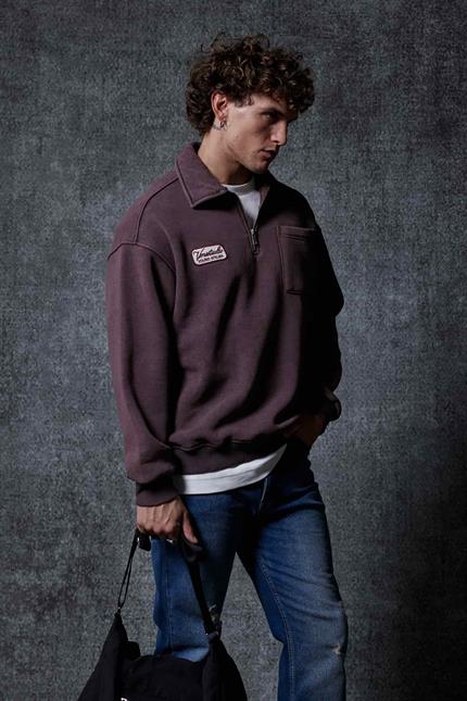 Erkek Oversize Yarım Fermuarlı Sweatshirt Kahverengi