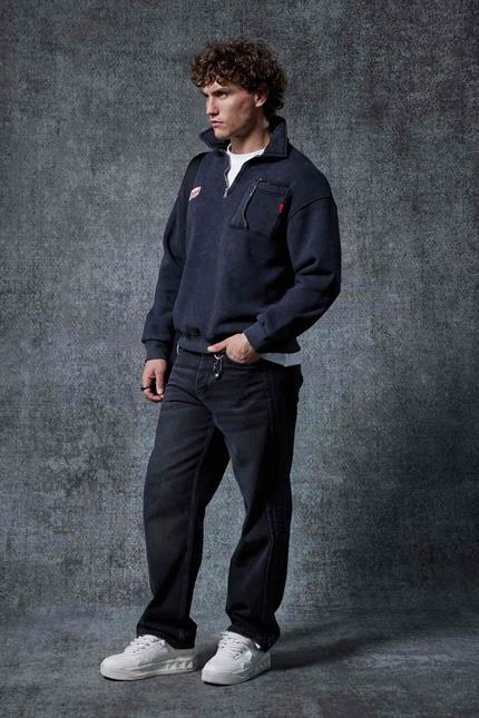 Erkek Oversize Yarım Fermuarlı Sweatshirt Siyah