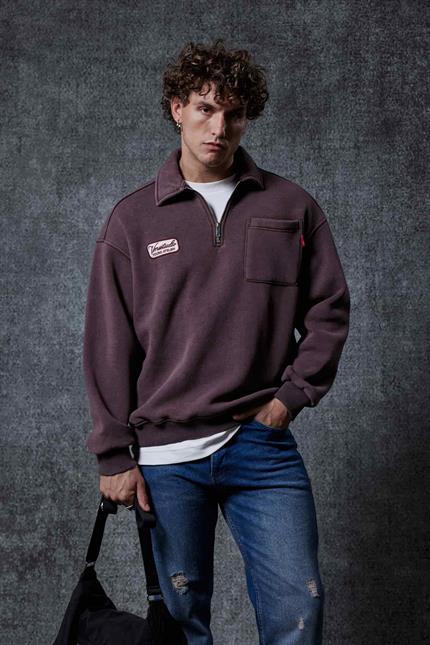 Erkek Oversize Yarım Fermuarlı Sweatshirt Kahverengi