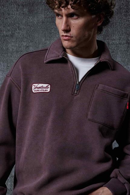 Erkek Oversize Yarım Fermuarlı Sweatshirt Kahverengi