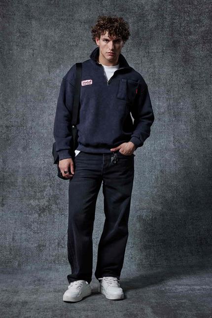 Erkek Oversize Yarım Fermuarlı Sweatshirt Siyah