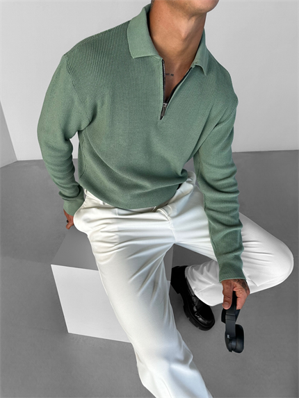 Erkek Regular Fit Yarım Fermuarlı Triko Kazak Yeşil