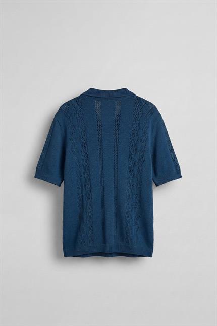 Erkek Oversize Yarım Pat Gömlek Yaka Desenli Örme T-Shirt Saks Mavi