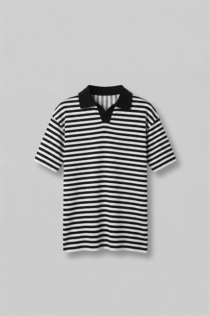 Erkek Oversize Yarım Pat Polo Yaka Çizgili T-Shirt Beyaz - Siyah