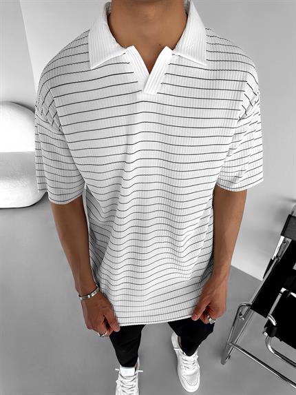 Erkek Oversize Yarım Pat Polo Yaka Çizgili T-Shirt Beyaz