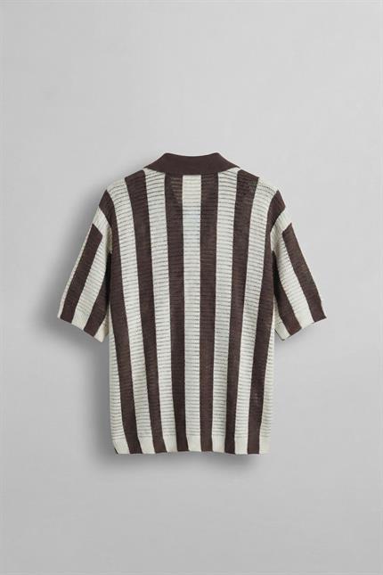 Erkek Oversize Yarım Pat Yaka Fileli Triko T-Shirt Kahverengi