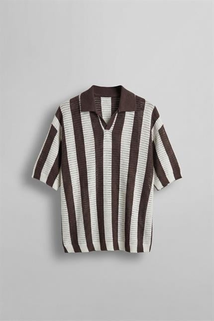 Erkek Oversize Yarım Pat Yaka Fileli Triko T-Shirt Kahverengi