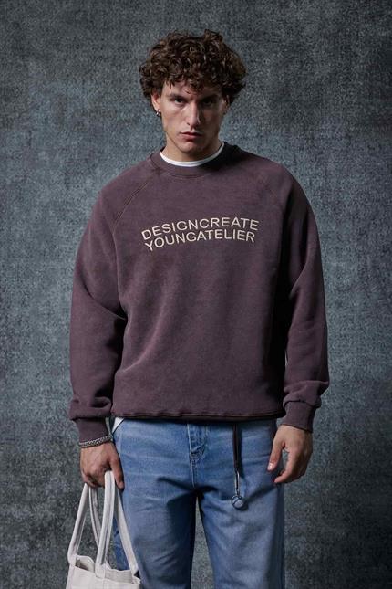 Erkek Oversize Yazı Baskılı Sweatshirt Kahverengi