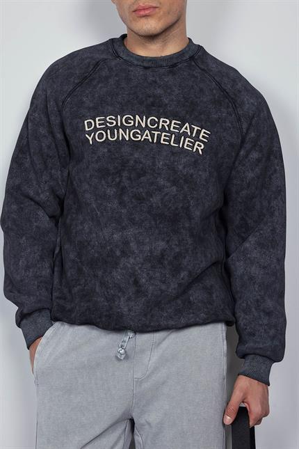 Erkek Oversize Yazı Baskılı Sweatshirt Siyah