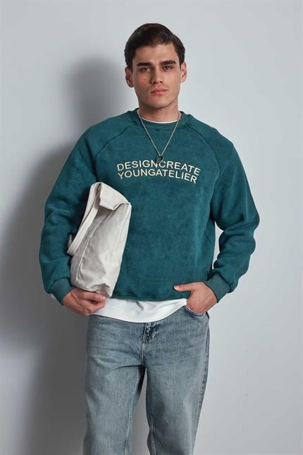 Erkek Oversize Yazı Baskılı Sweatshirt Yeşil