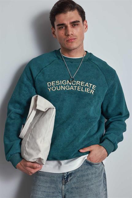 Erkek Oversize Yazı Baskılı Sweatshirt Yeşil